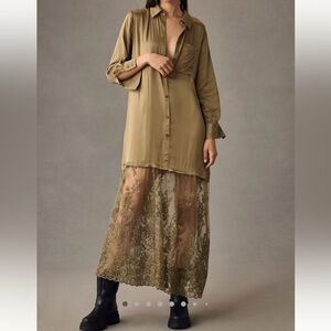 Anthropologie Lace Mix Twofer Satin Maxi Dress